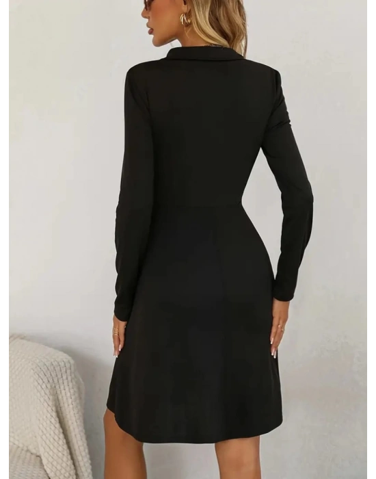 Kadın Uzun Kollu Yakalı Fermuarlı Ve Cepli Kısa Ithal Krep Kısa Elbise