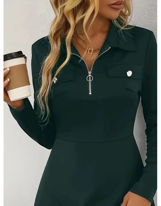 Kadın Uzun Kollu Yakalı Fermuarlı Ve Cepli Kısa Ithal Krep Kısa Elbise