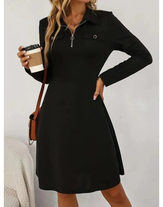 Kadın Uzun Kollu Yakalı Fermuarlı Ve Cepli Kısa Ithal Krep Kısa Elbise