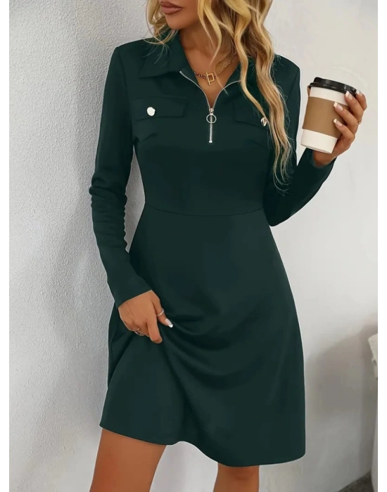 Kadın Uzun Kollu Yakalı Fermuarlı Ve Cepli Kısa Ithal Krep Kısa Elbise