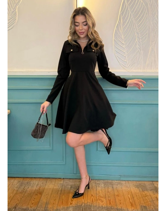 Kadın Uzun Kollu Yakalı Fermuarlı Ve Cepli Kısa Ithal Krep Kısa Elbise