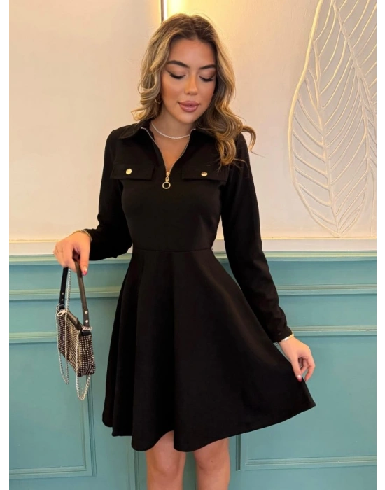 Kadın Uzun Kollu Yakalı Fermuarlı Ve Cepli Kısa Ithal Krep Kısa Elbise