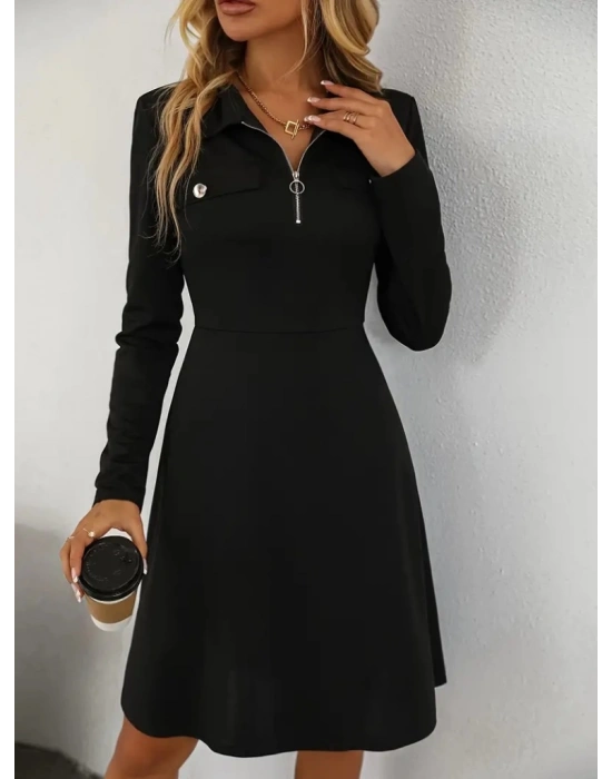 Kadın Uzun Kollu Yakalı Fermuarlı Ve Cepli Kısa Ithal Krep Kısa Elbise