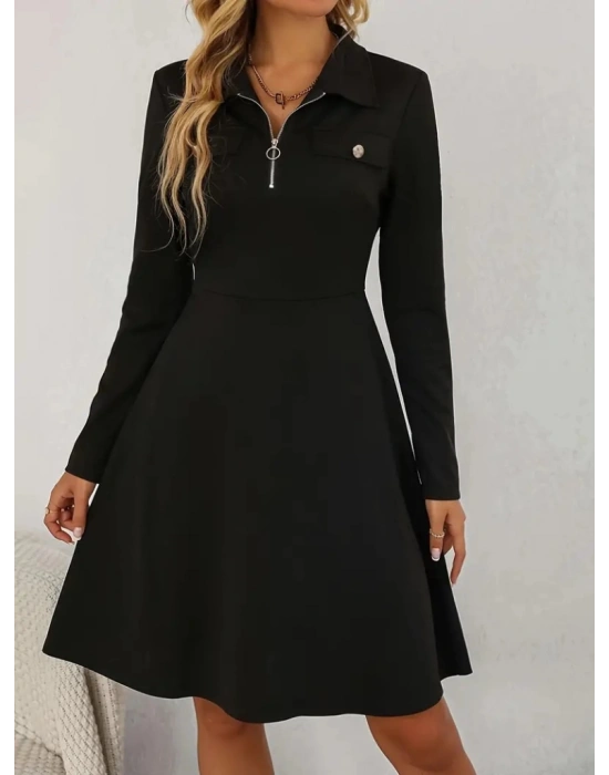Kadın Uzun Kollu Yakalı Fermuarlı Ve Cepli Kısa Ithal Krep Kısa Elbise