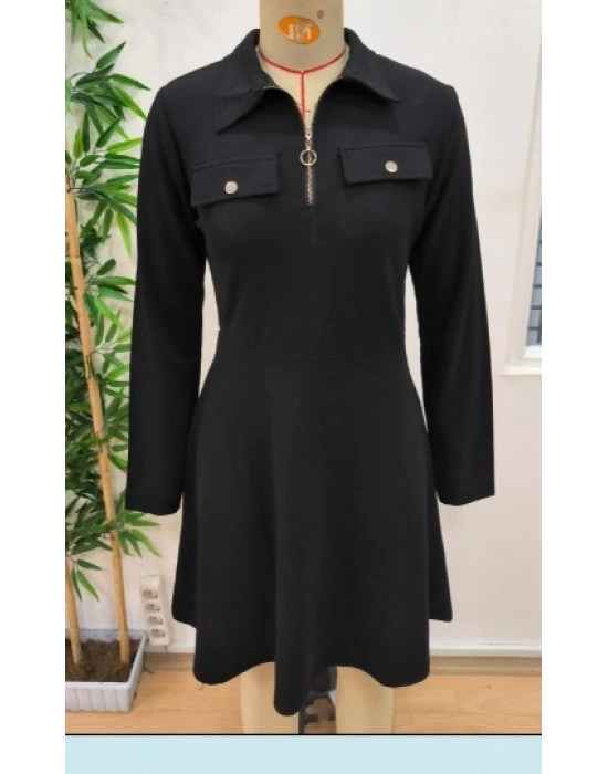 Kadın Uzun Kollu Yakalı Fermuarlı Ve Cepli Kısa Ithal Krep Kısa Elbise