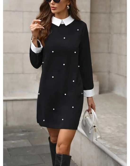 Kadın Uzun Kollu Yakalı Incili Ithal Krep Elbise