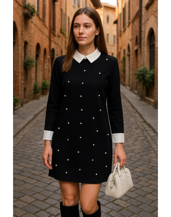 Kadın Uzun Kollu Yakalı Incili Ithal Krep Elbise