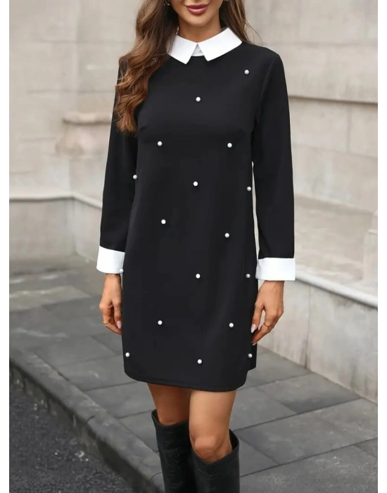 Kadın Uzun Kollu Yakalı Incili Ithal Krep Elbise