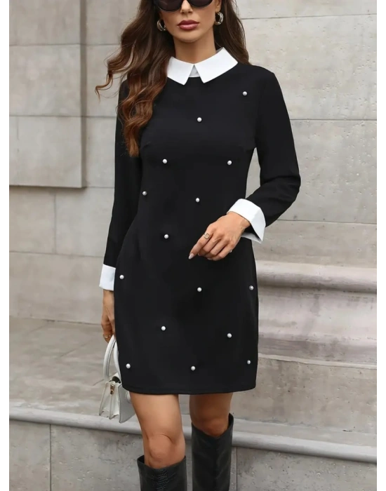 Kadın Uzun Kollu Yakalı Incili Ithal Krep Elbise