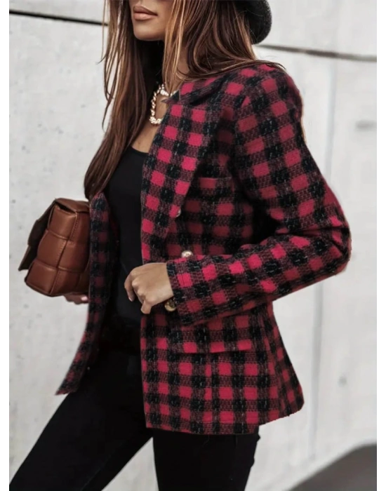 Kadın Uzun Kollu Yakalı Kare Desenli Ekoseli Düğmeli Ceket