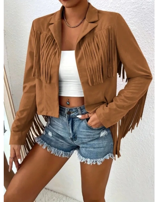 Kadın Uzun Kollu Yakalı Kısa Püsküllü Süet Ceket