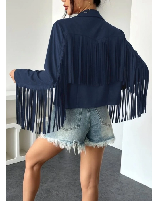 Kadın Uzun Kollu Yakalı Kısa Püsküllü Süet Ceket