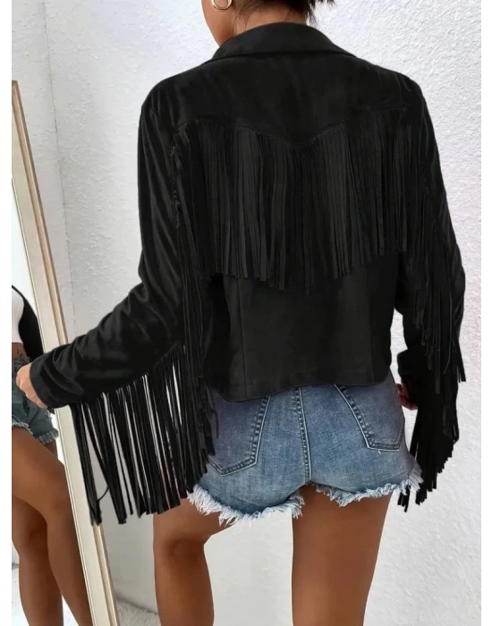 Kadın Uzun Kollu Yakalı Kısa Püsküllü Süet Ceket