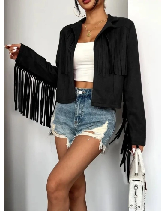 Kadın Uzun Kollu Yakalı Kısa Püsküllü Süet Ceket