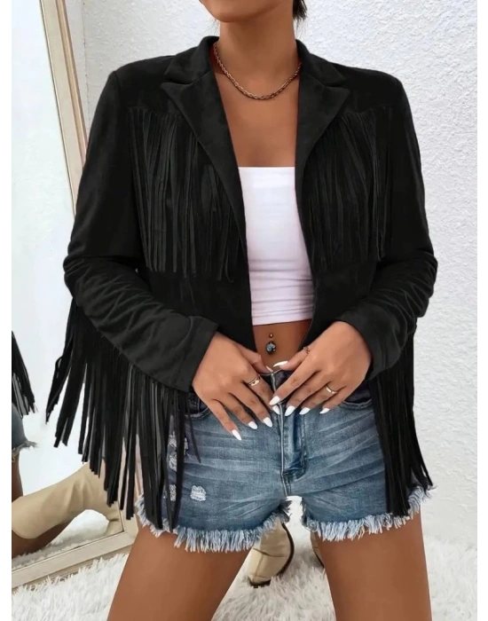 Kadın Uzun Kollu Yakalı Kısa Püsküllü Süet Ceket