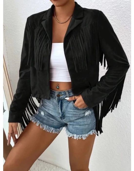 Kadın Uzun Kollu Yakalı Kısa Püsküllü Süet Ceket