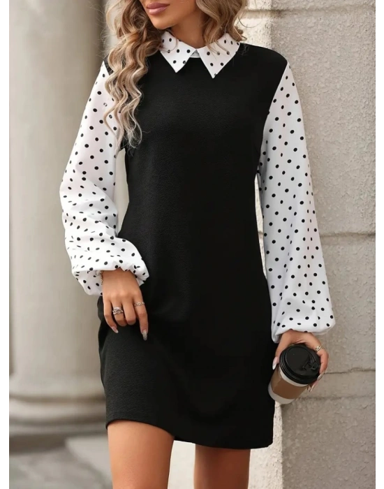 Kadın Uzun Kollu Yakalı Kol Ve Yaka Puantiye Detaylı Ithal Krep Elbise