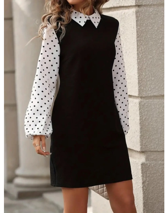 Kadın Uzun Kollu Yakalı Kol Ve Yaka Puantiye Detaylı Ithal Krep Elbise