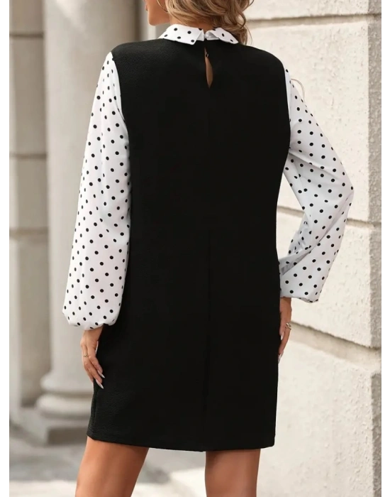 Kadın Uzun Kollu Yakalı Kol Ve Yaka Puantiye Detaylı Ithal Krep Elbise