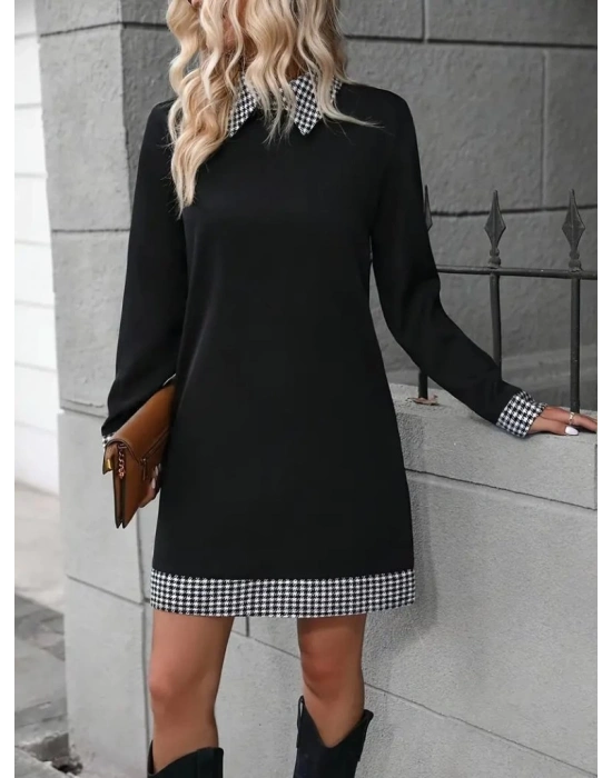 Kadın Uzun Kollu Yakalı Köpek Dişi Detaylı Kısa Ithal Krep Elbise