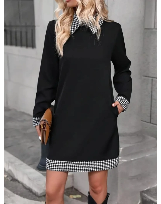 Kadın Uzun Kollu Yakalı Köpek Dişi Detaylı Kısa Ithal Krep Elbise