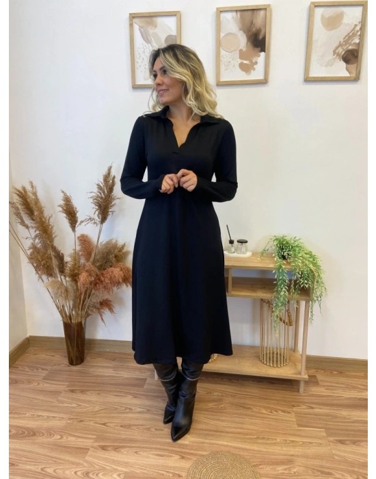 Kadın Uzun Kollu Yakalı Midi Viskon Iki Iplik Elbise