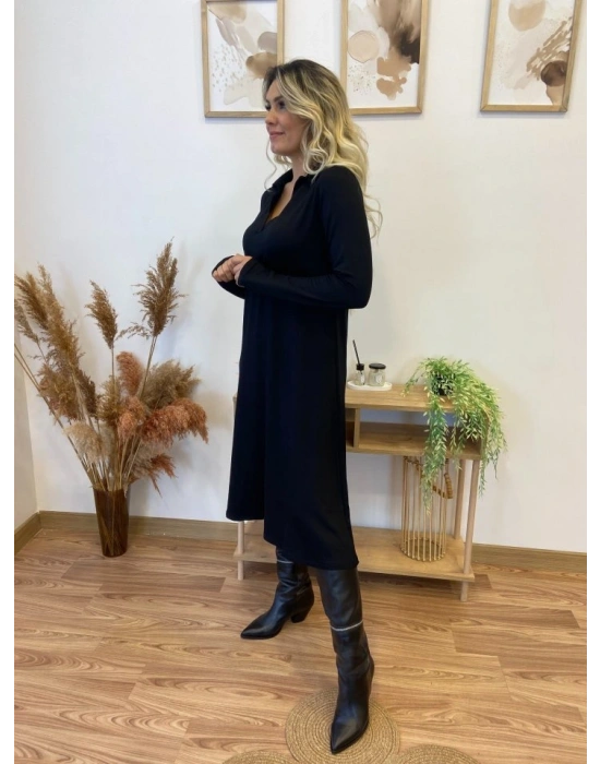 Kadın Uzun Kollu Yakalı Midi Viskon Iki Iplik Elbise