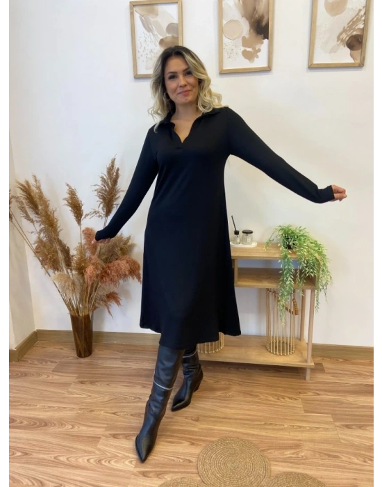 Kadın Uzun Kollu Yakalı Midi Viskon Iki Iplik Elbise