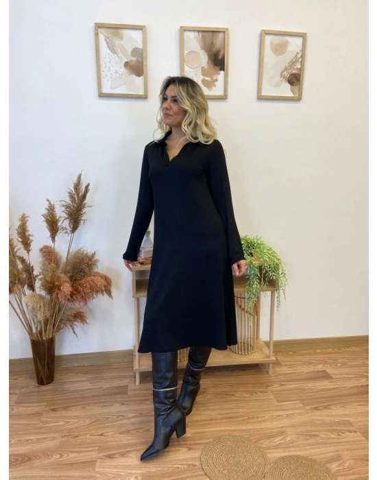 Kadın Uzun Kollu Yakalı Midi Viskon Iki Iplik Elbise