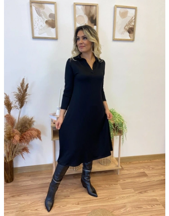 Kadın Uzun Kollu Yakalı Midi Viskon Iki Iplik Elbise