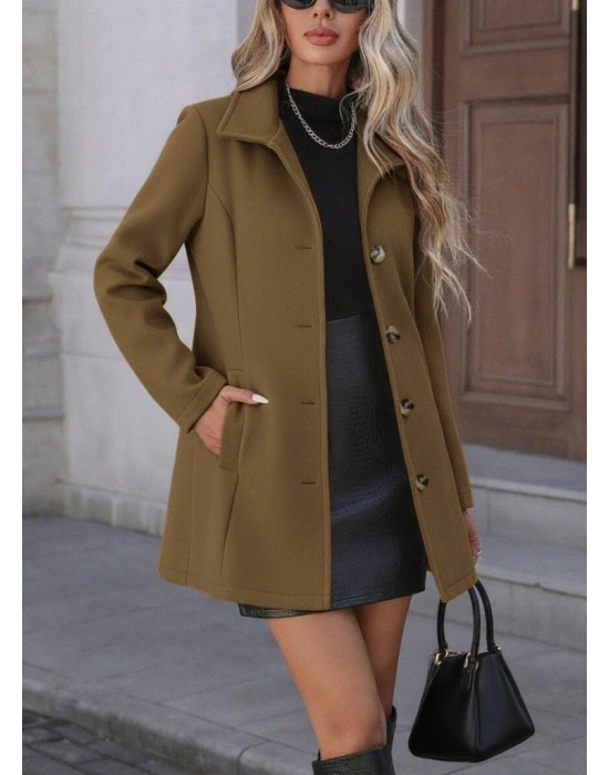 Kadın Uzun Kollu Yakalı önden Düğmeli Astarsız Ithal Kaşe Kahve Kaban