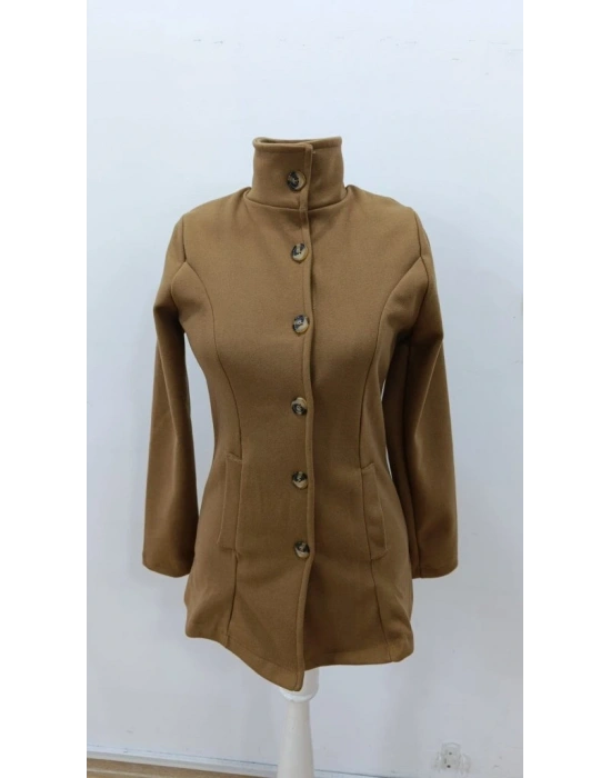 Kadın Uzun Kollu Yakalı önden Düğmeli Astarsız Ithal Kaşe Kahve Kaban