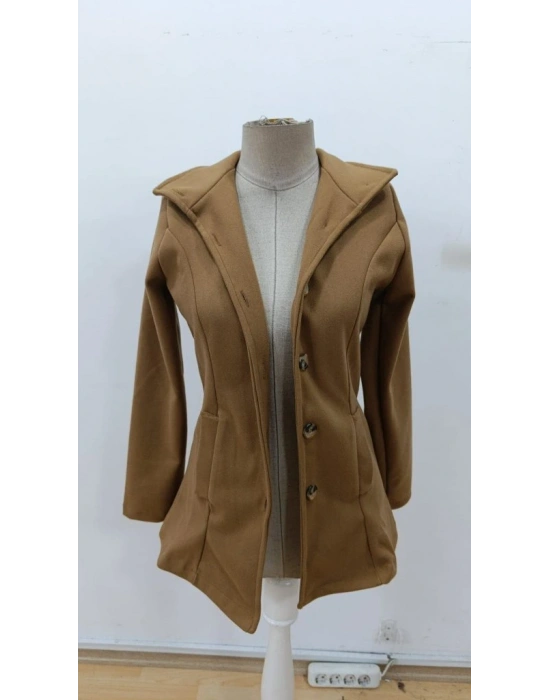 Kadın Uzun Kollu Yakalı önden Düğmeli Astarsız Ithal Kaşe Kahve Kaban