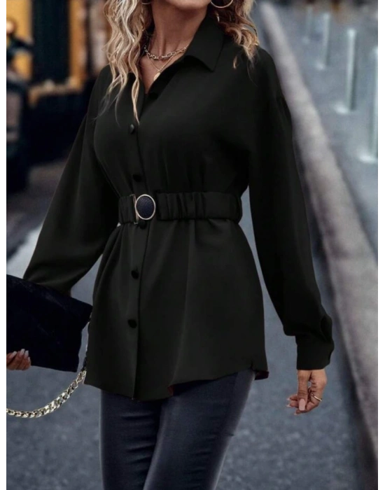 Kadın Uzun Kollu Yakalı önden Düğmeli Belden Kemerli Ithal Krep Bluz