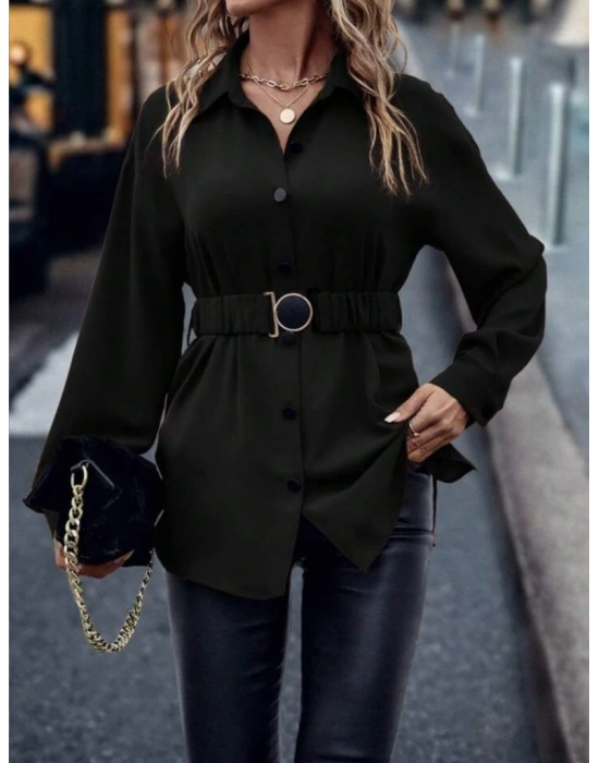 Kadın Uzun Kollu Yakalı önden Düğmeli Belden Kemerli Ithal Krep Bluz