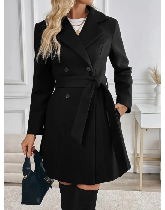 Kadın Uzun Kollu Yakalı önden Düğmeli Belden Kuşaklı Kısa Kaşe Kaban