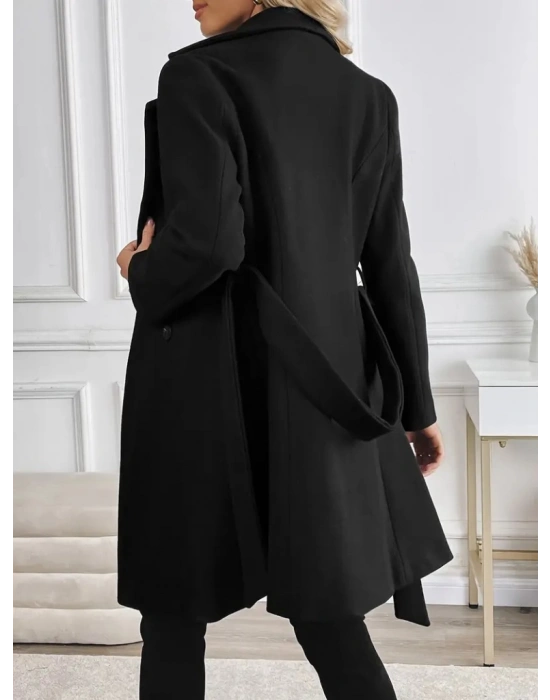 Kadın Uzun Kollu Yakalı önden Düğmeli Belden Kuşaklı Kısa Kaşe Kaban