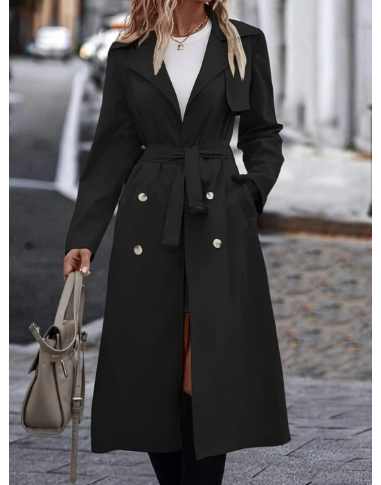 Kadın Uzun Kollu Yakalı önden Düğmeli Beli Kuşaklı Midi Gabardin Trençkot