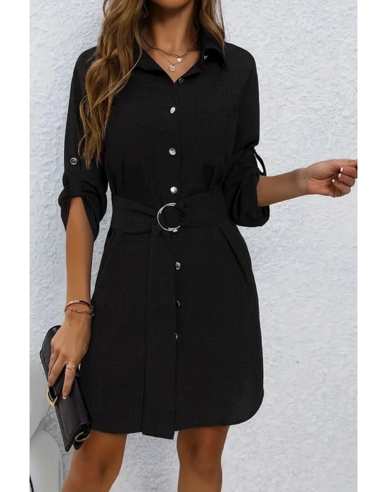 Kadın Uzun Kollu Yakalı önden Düğmeli Beli Kuşaklı Mini Ithal Keten Elbise