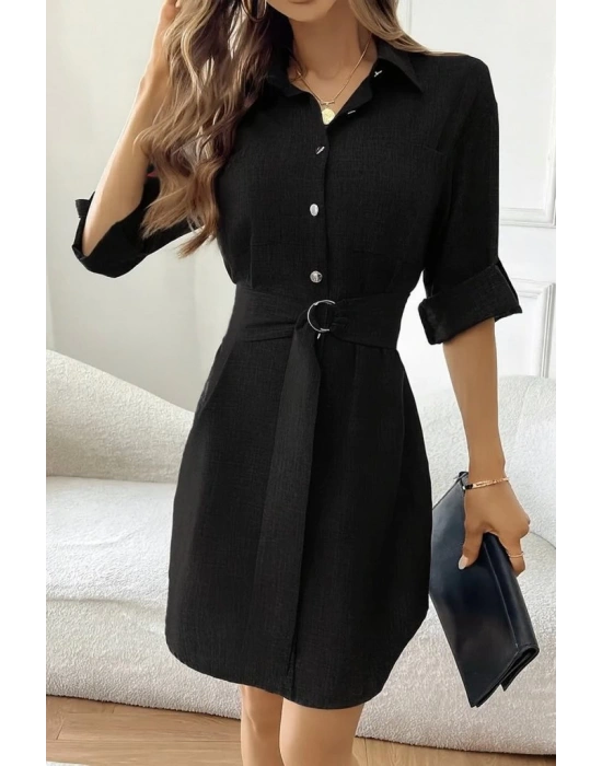 Kadın Uzun Kollu Yakalı önden Düğmeli Beli Kuşaklı Mini Ithal Keten Elbise
