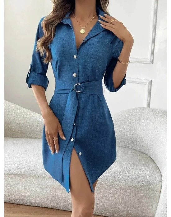 Kadın Uzun Kollu Yakalı önden Düğmeli Beli Kuşaklı Mini Ithal Keten Elbise