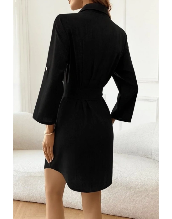 Kadın Uzun Kollu Yakalı önden Düğmeli Beli Kuşaklı Mini Ithal Keten Elbise