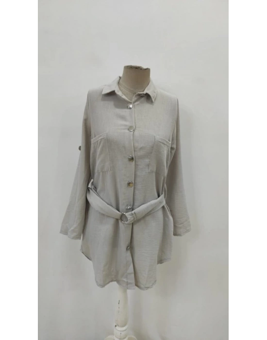 Kadın Uzun Kollu Yakalı önden Düğmeli Beli Kuşaklı Mini Ithal Keten Elbise