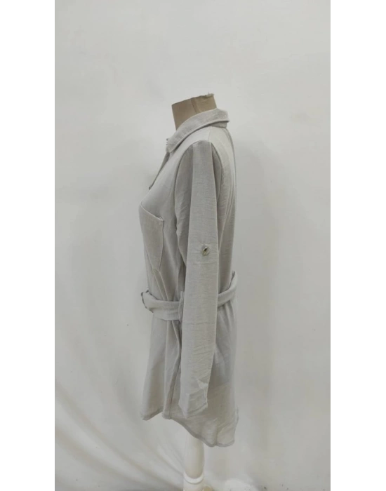 Kadın Uzun Kollu Yakalı önden Düğmeli Beli Kuşaklı Mini Ithal Keten Elbise