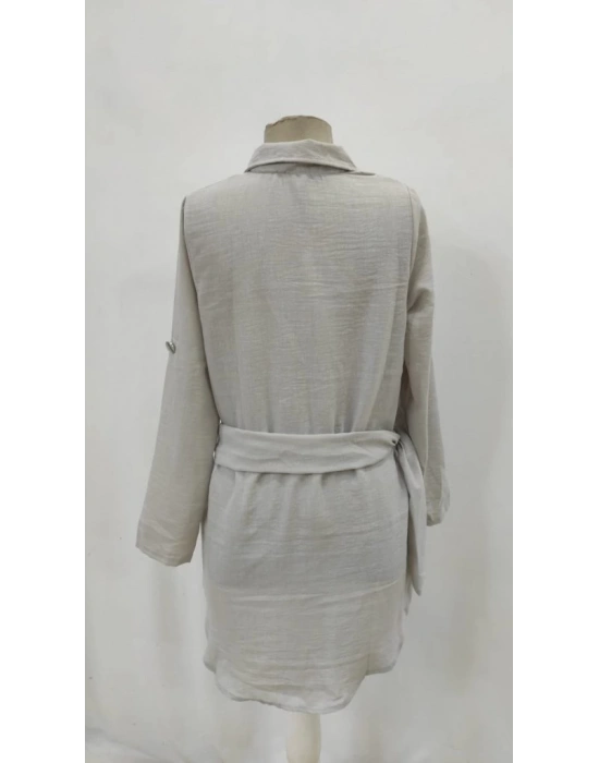 Kadın Uzun Kollu Yakalı önden Düğmeli Beli Kuşaklı Mini Ithal Keten Elbise