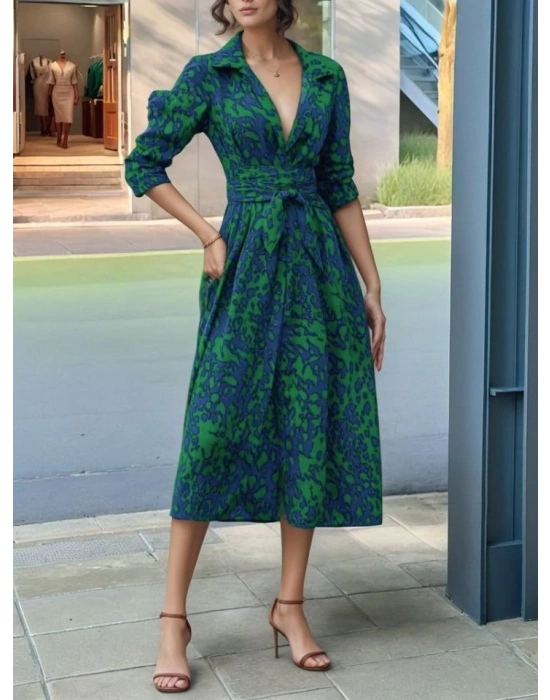 Kadın Uzun Kollu Yakalı önden Düğmeli Beli Kuşaklı Uzun Süprem Elbise