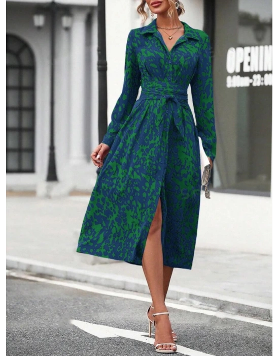 Kadın Uzun Kollu Yakalı önden Düğmeli Beli Kuşaklı Uzun Süprem Elbise