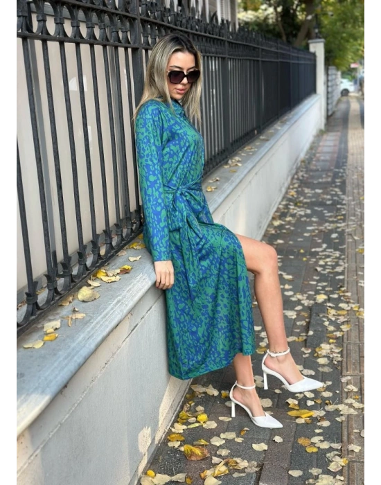 Kadın Uzun Kollu Yakalı önden Düğmeli Beli Kuşaklı Uzun Süprem Elbise