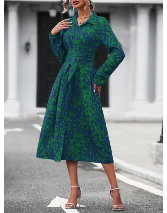 Kadın Uzun Kollu Yakalı önden Düğmeli Beli Kuşaklı Uzun Süprem Elbise