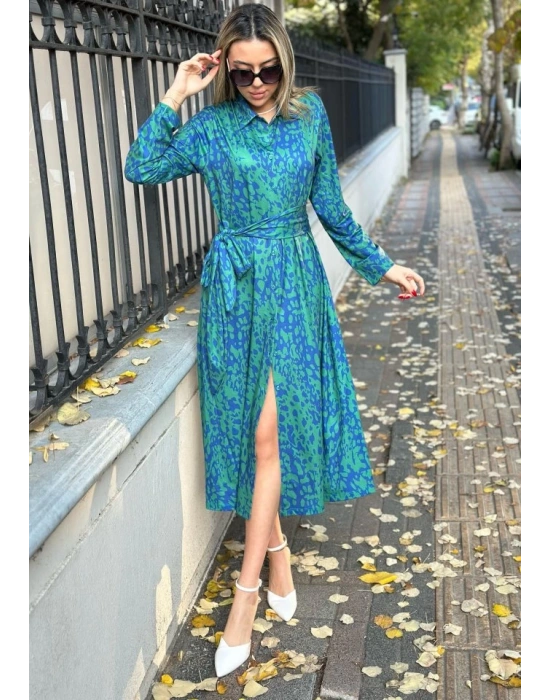 Kadın Uzun Kollu Yakalı önden Düğmeli Beli Kuşaklı Uzun Süprem Elbise